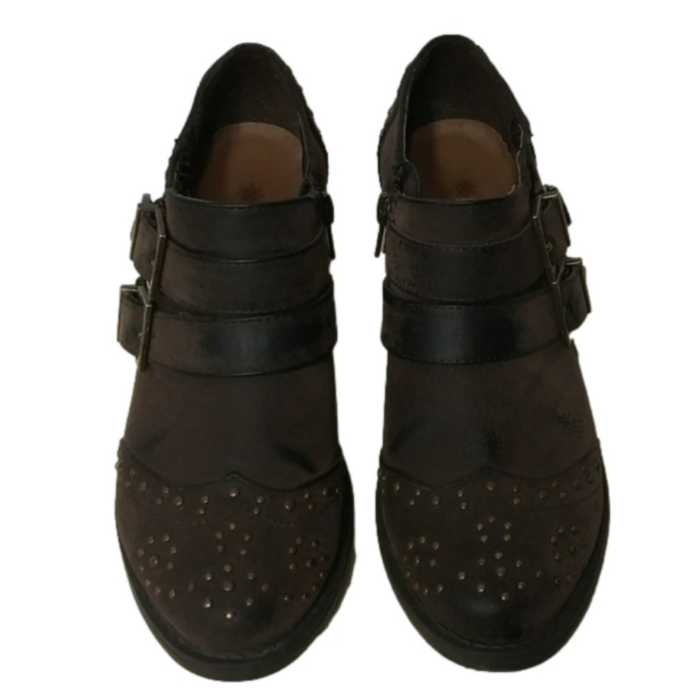 Ruff Hewn Nadine Brown Faux Leather Rivet Detail Two Buckle Blocked Heel Bootie